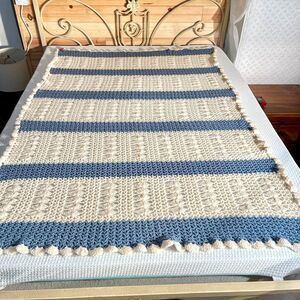 Handmade Crochet Striped 75 x 50 Blanket Blue White Afghan Vintage Cottagecore